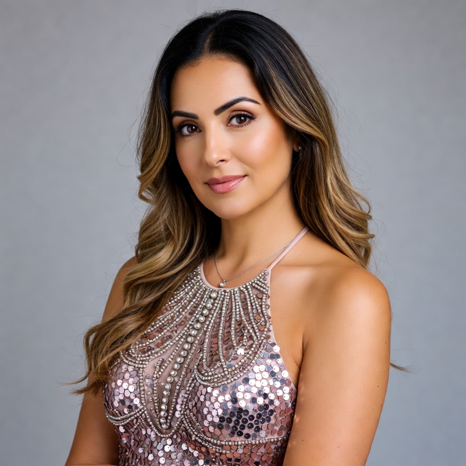 Latina woman in beaded dress Latina woman in beaded dress