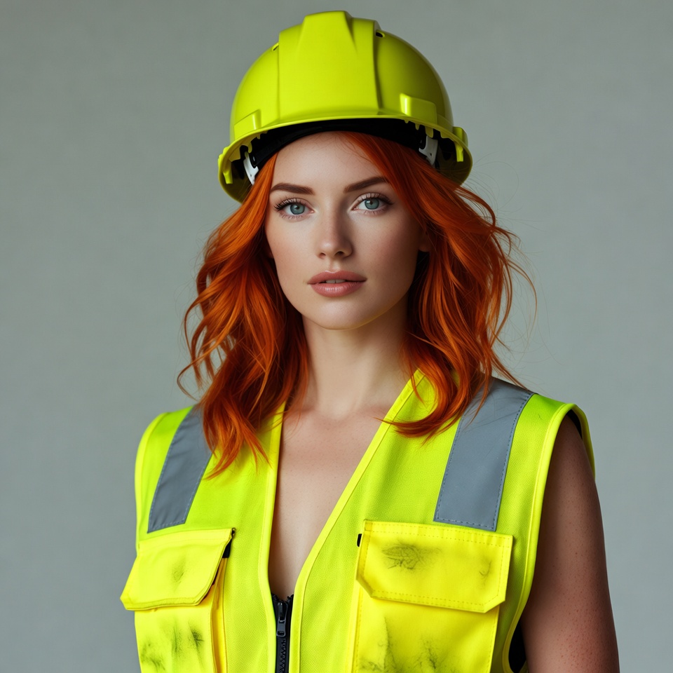 Redhead woman in yellow hard hat vest Redhead woman in yellow hard hat vest