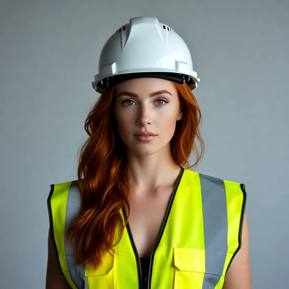 Redhead woman in hard hat and vest Redhead woman in hard hat and vest