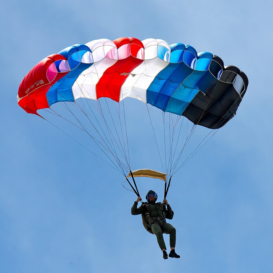 Skydiver parachuting with colorful parachute Skydiver parachuting with colorful parachute