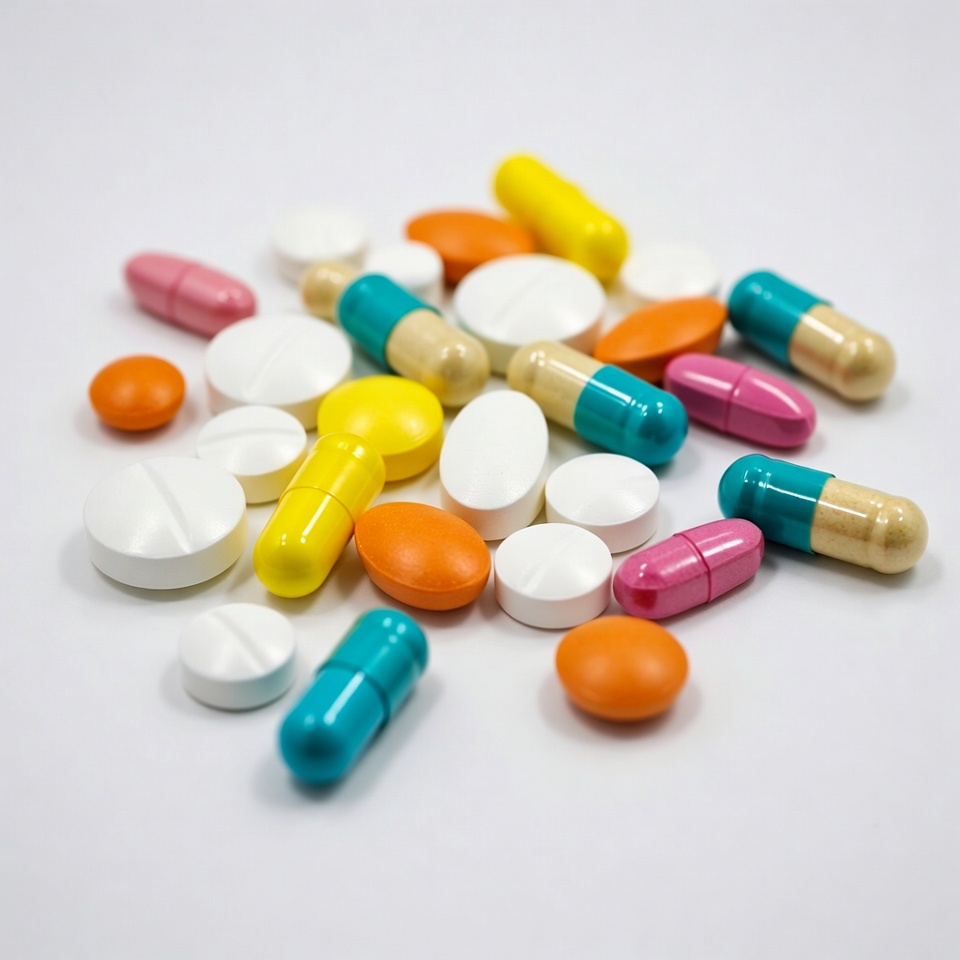 Colorful pills scattered on white background Colorful pills scattered on white background