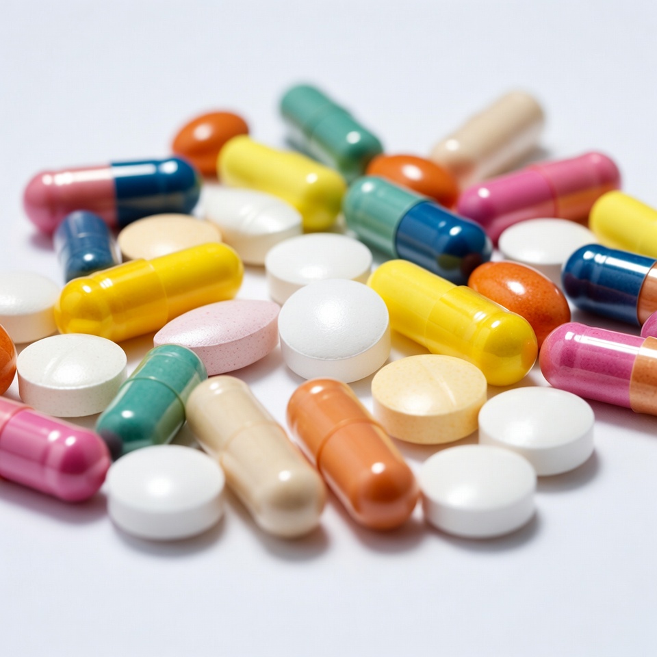 Colorful pills scattered on white background Colorful pills scattered on white background