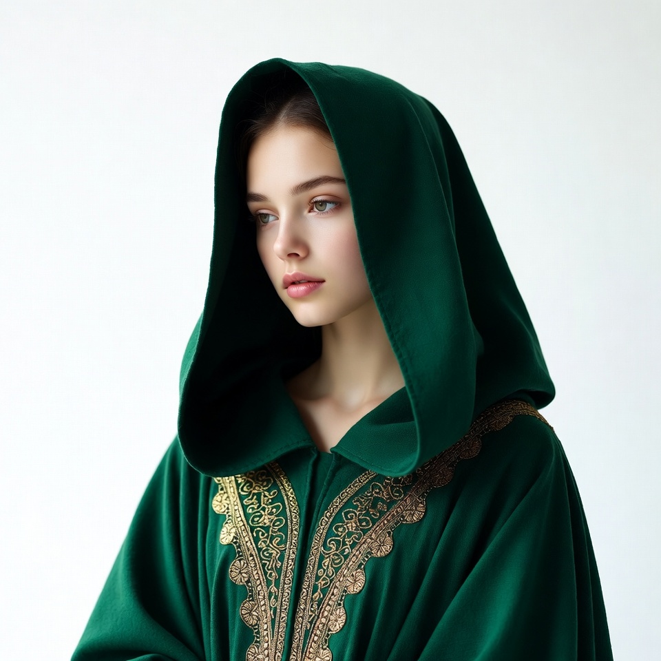 Young woman in green hooded robe Young woman in green hooded robe