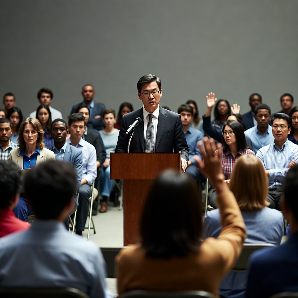 Asian man speaking at podium with audience Asian man speaking at podium with audience