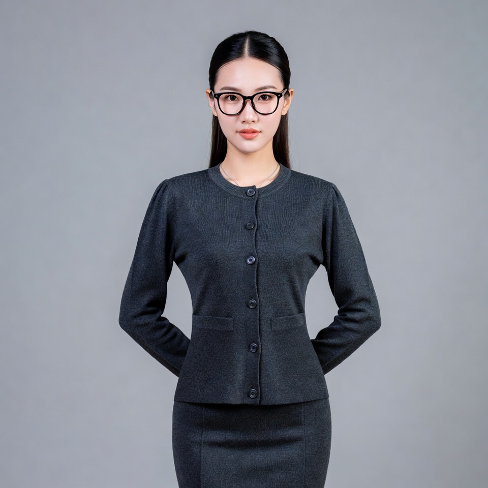 Asian woman in gray cardigan suit Asian woman in gray cardigan suit