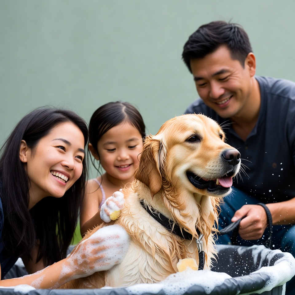 Asian family bathing golden retriever Asian family bathing golden retriever