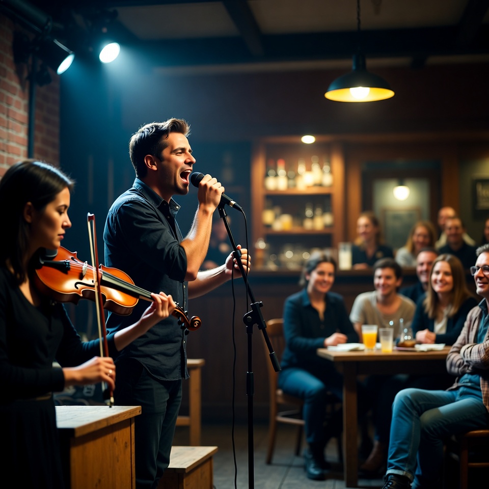 Man singing with violinist in cozy bar Man singing with violinist in cozy bar