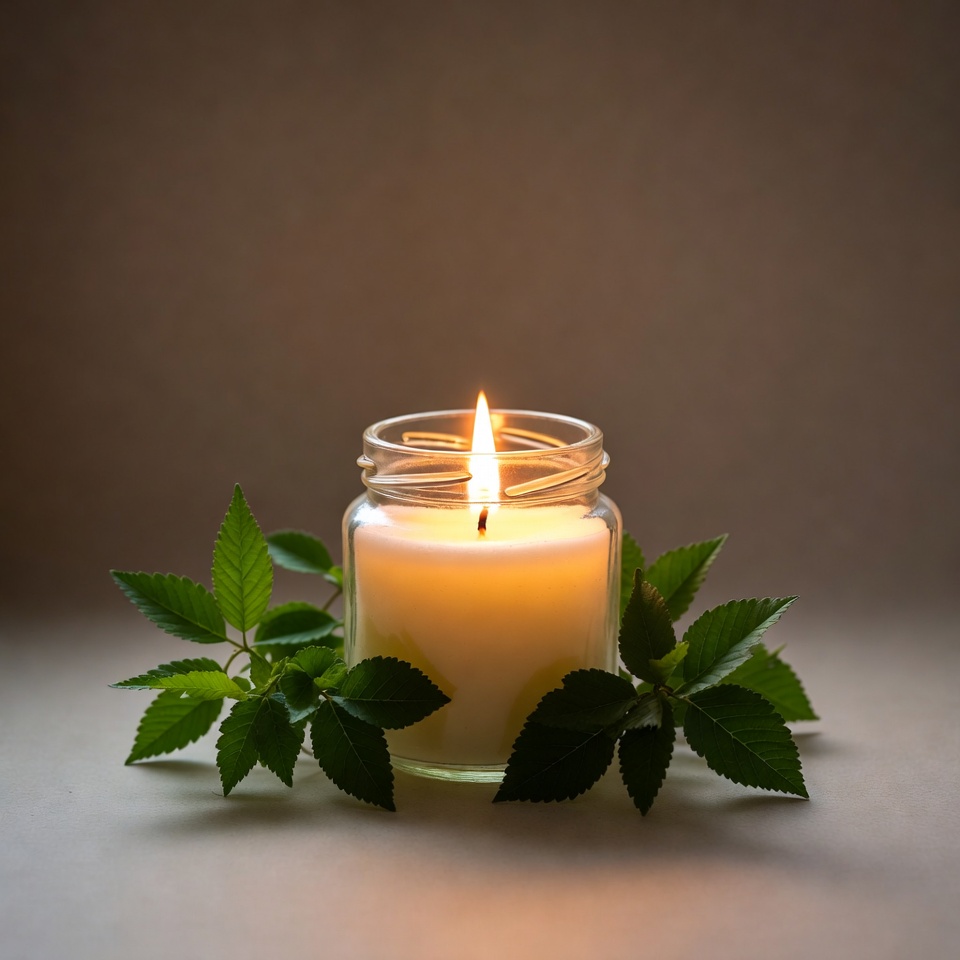 Lit Candle in Glass Jar with Leaves Lit Candle in Glass Jar with Leaves