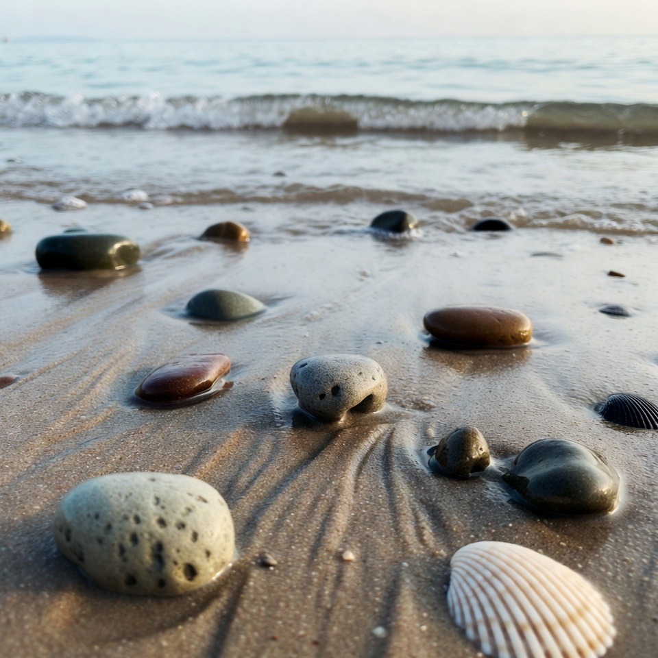 Colorful pebbles and shells on beach Colorful pebbles and shells on beach