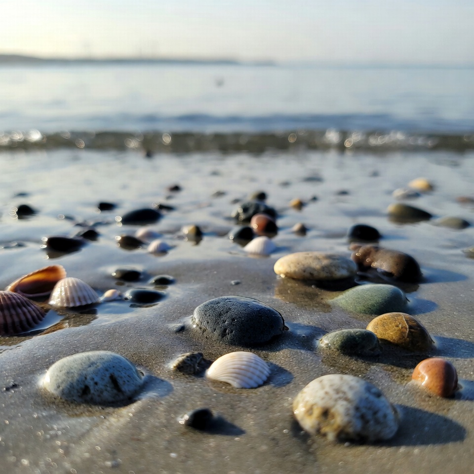 Colorful shells and pebbles on beach Colorful shells and pebbles on beach