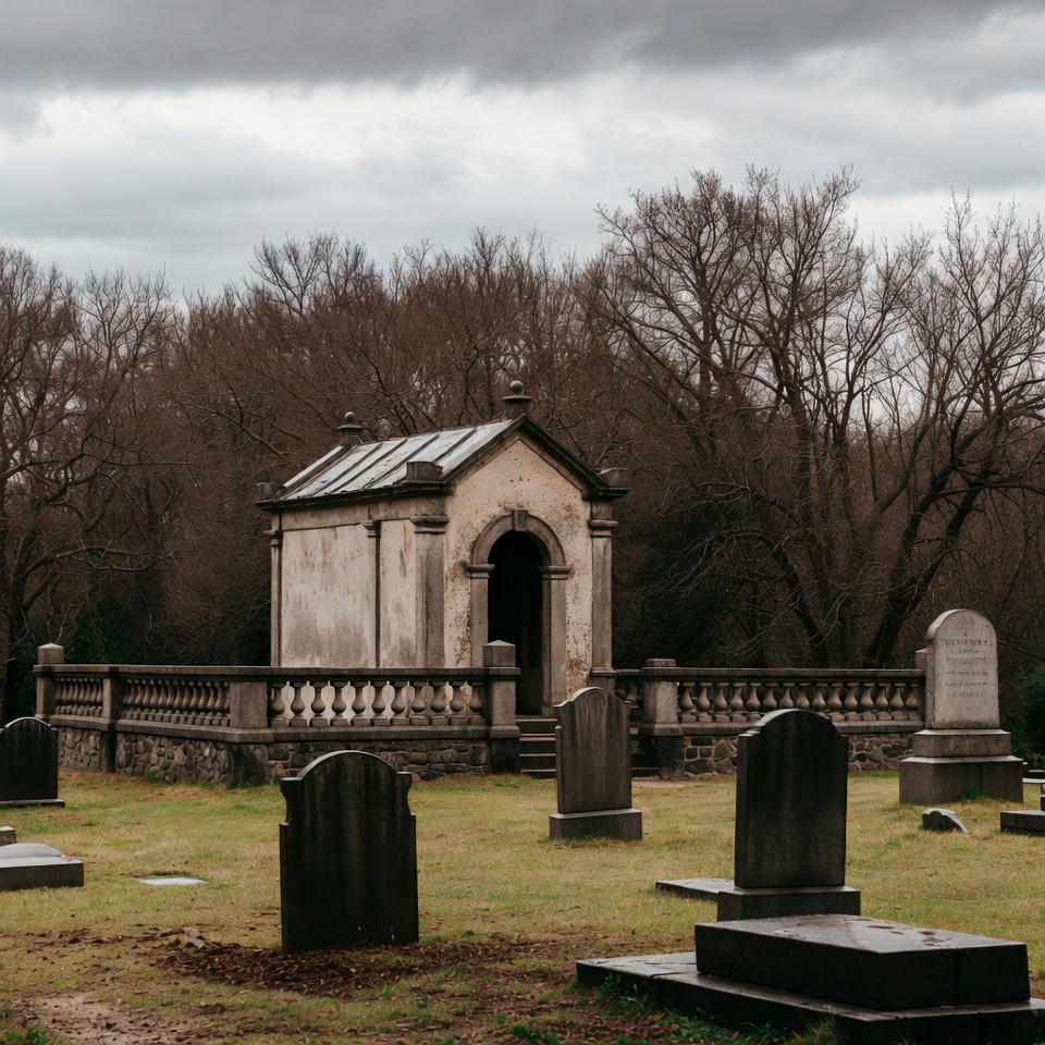 Old Mausoleum in Foggy Cemetery Old Mausoleum in Foggy Cemetery