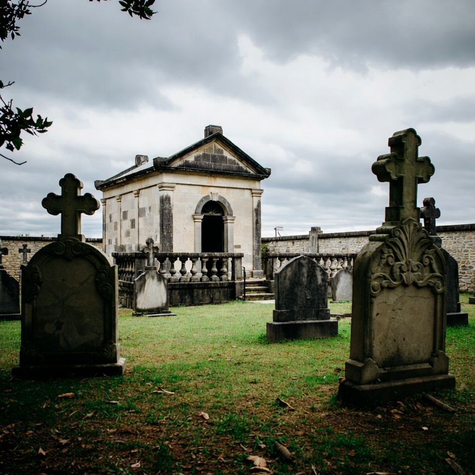 Old Mausoleum in Cemetery with Crosses Old Mausoleum in Cemetery with Crosses