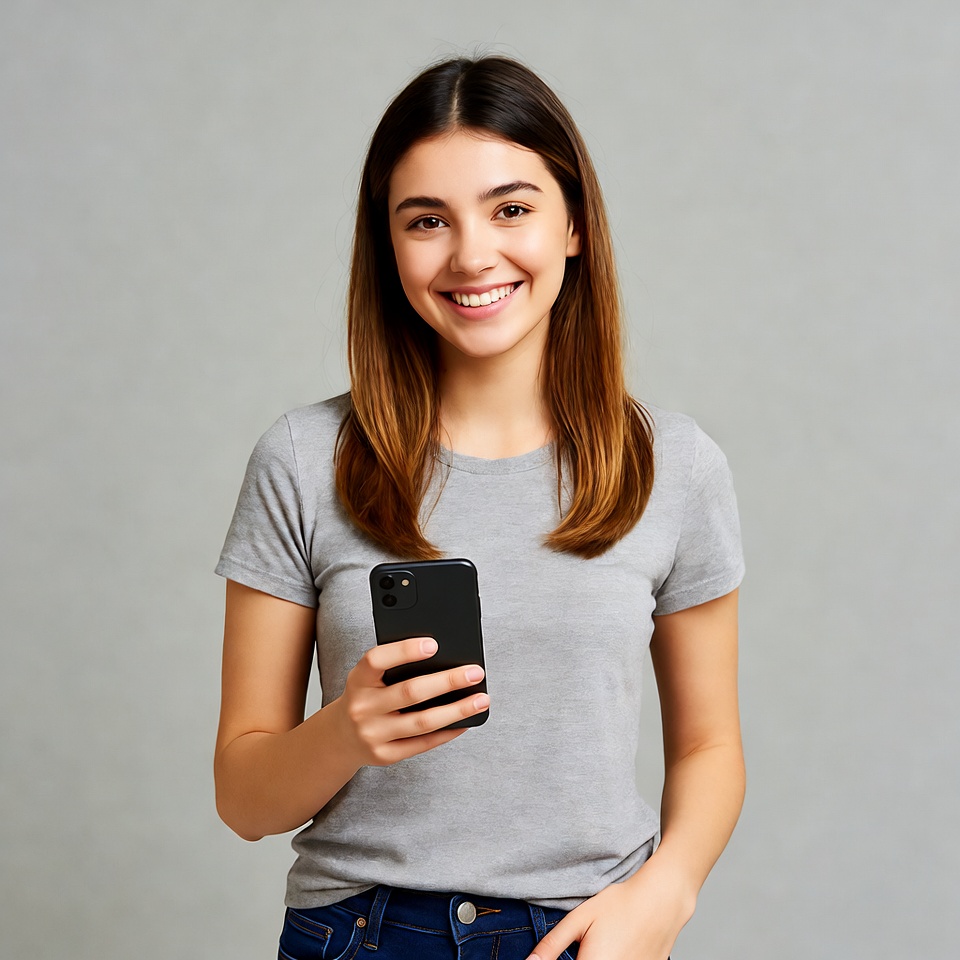 Smiling woman holding smartphone Smiling woman holding smartphone