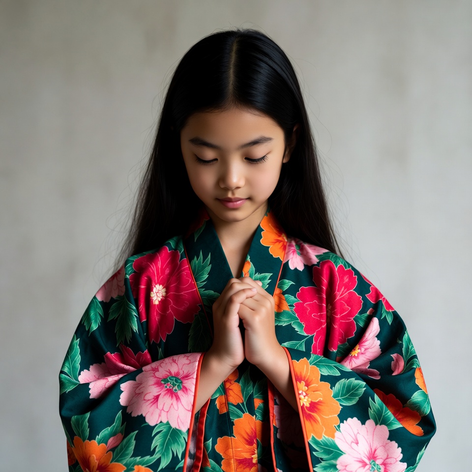 Asian girl praying in kimono Asian girl praying in kimono