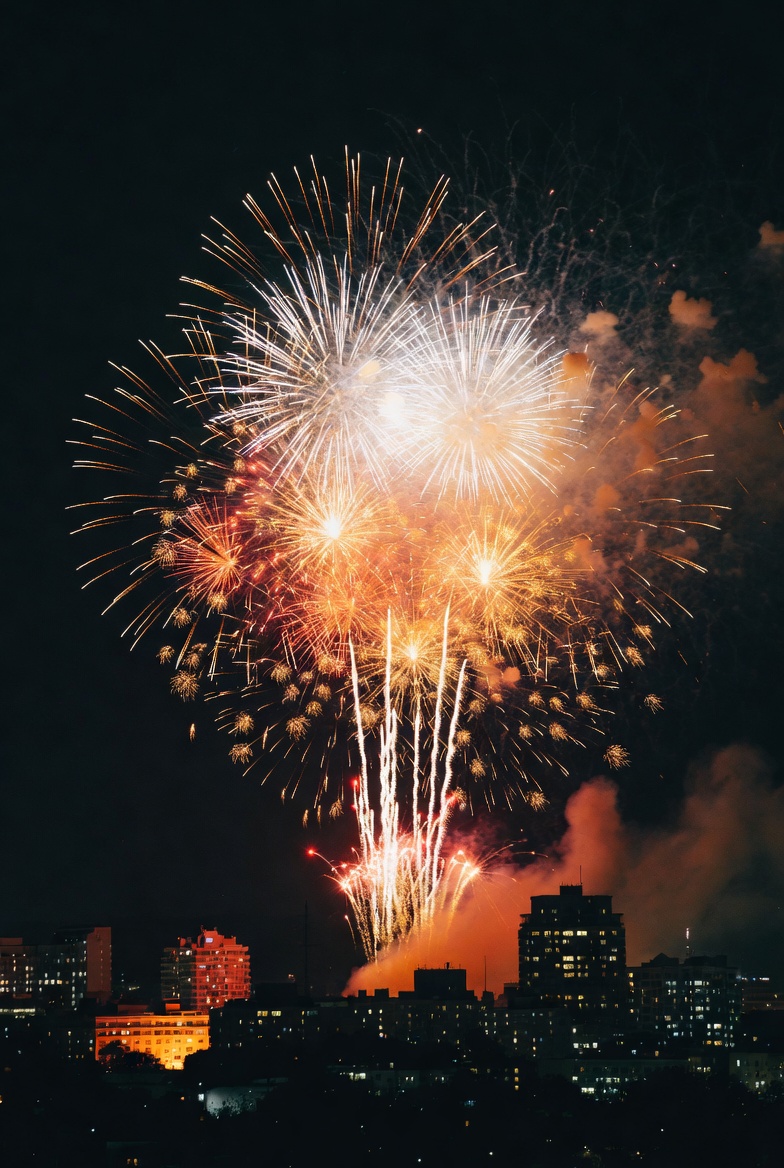 Vibrant Fireworks over City Skyline Vibrant Fireworks over City Skyline