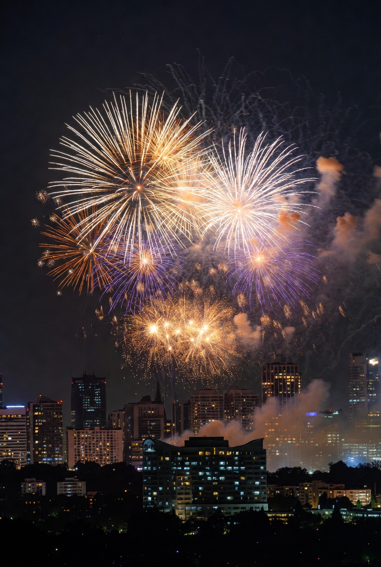 Fireworks over city skyline at night Fireworks over city skyline at night