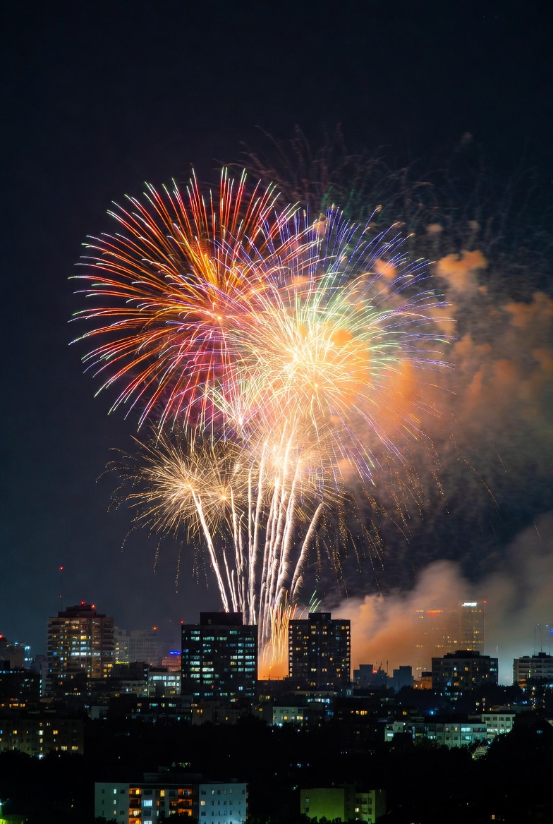Colorful Fireworks over City Skyline Colorful Fireworks over City Skyline