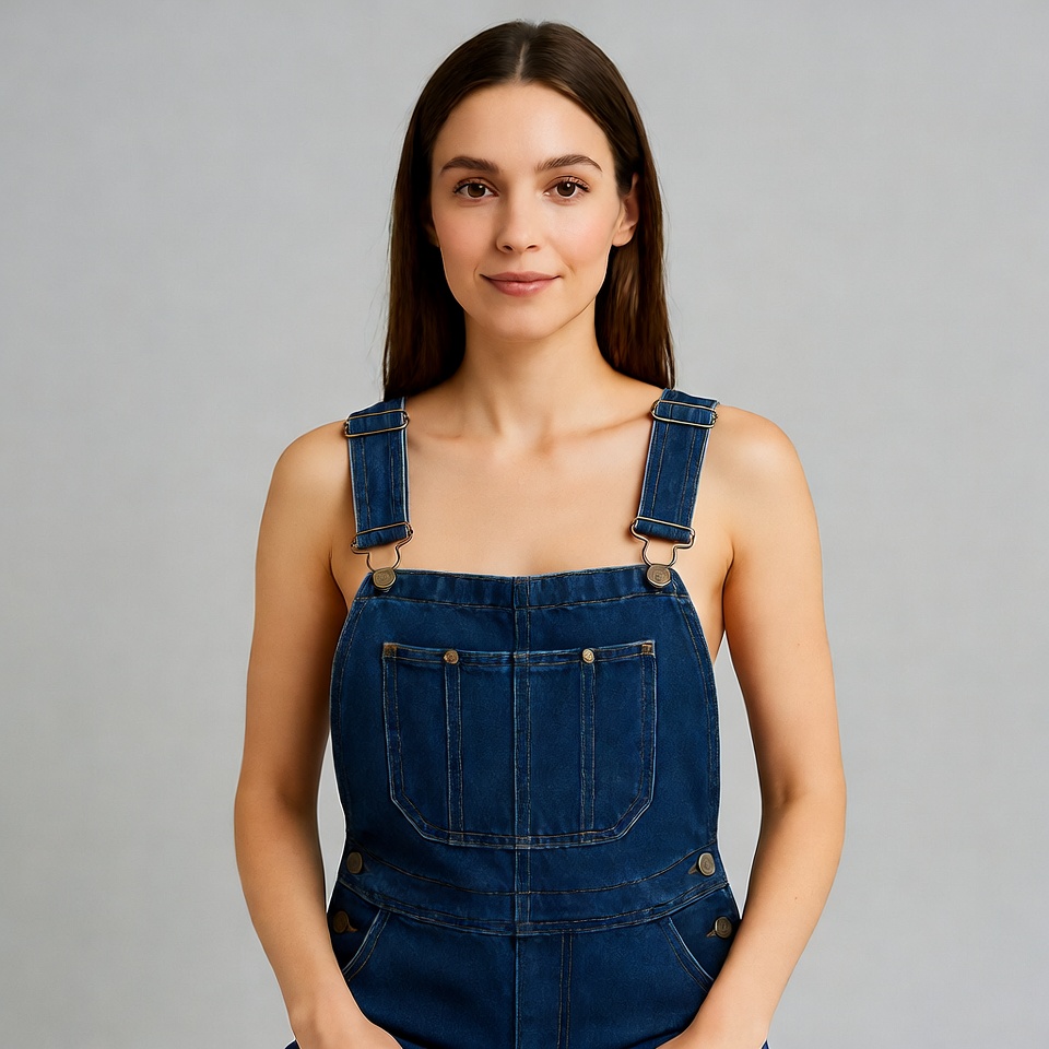 Woman wearing blue overalls Woman wearing blue overalls