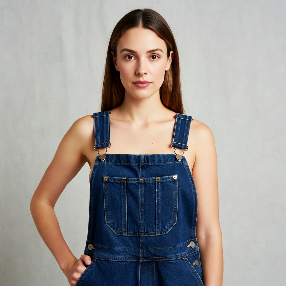 Woman wearing blue denim overalls Woman wearing blue denim overalls