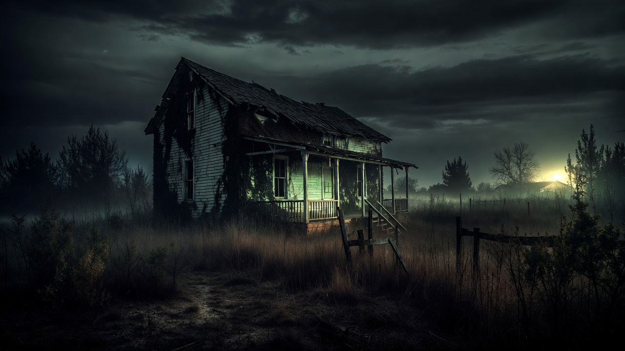 Abandoned haunted house in foggy night Abandoned haunted house in foggy night