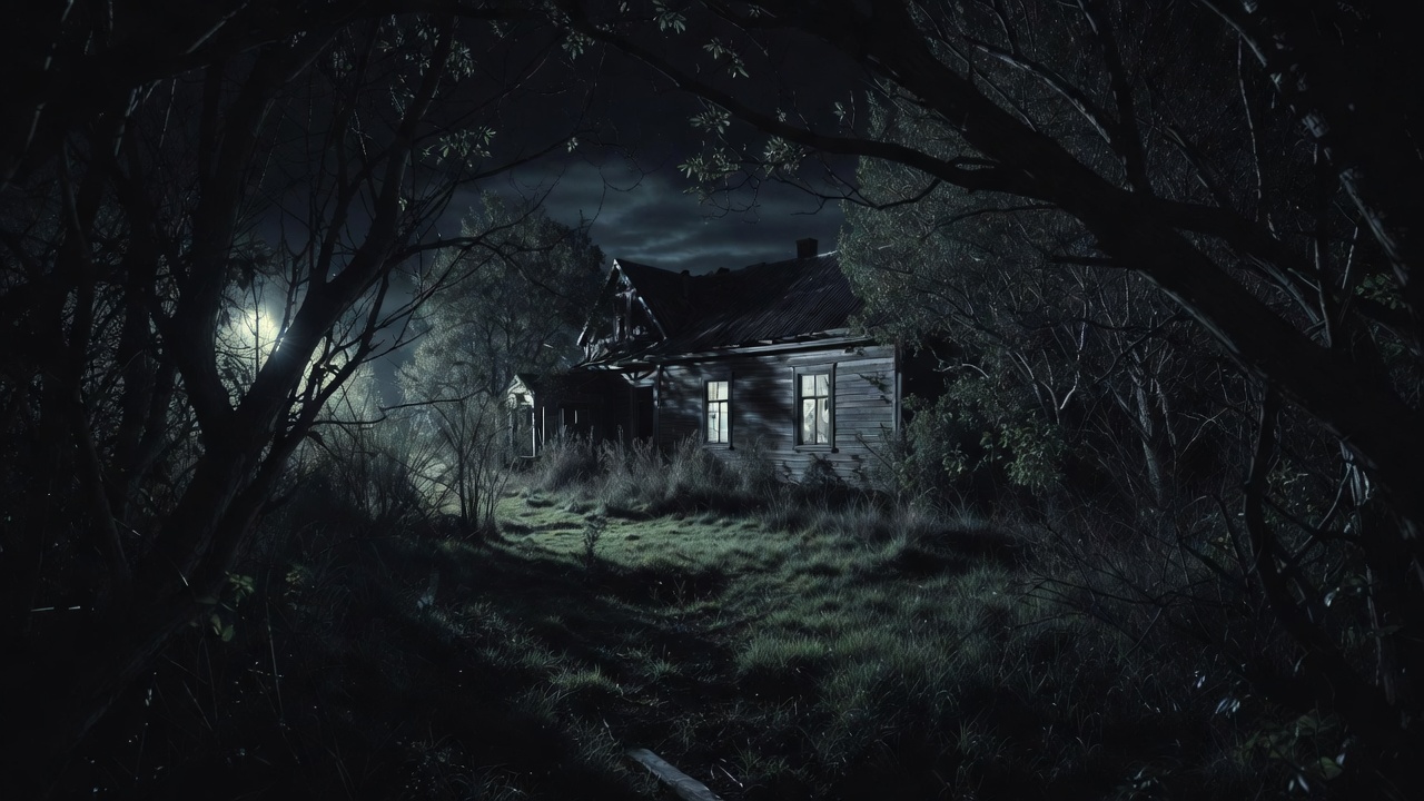 Abandoned house in dark forest at night Abandoned house in dark forest at night