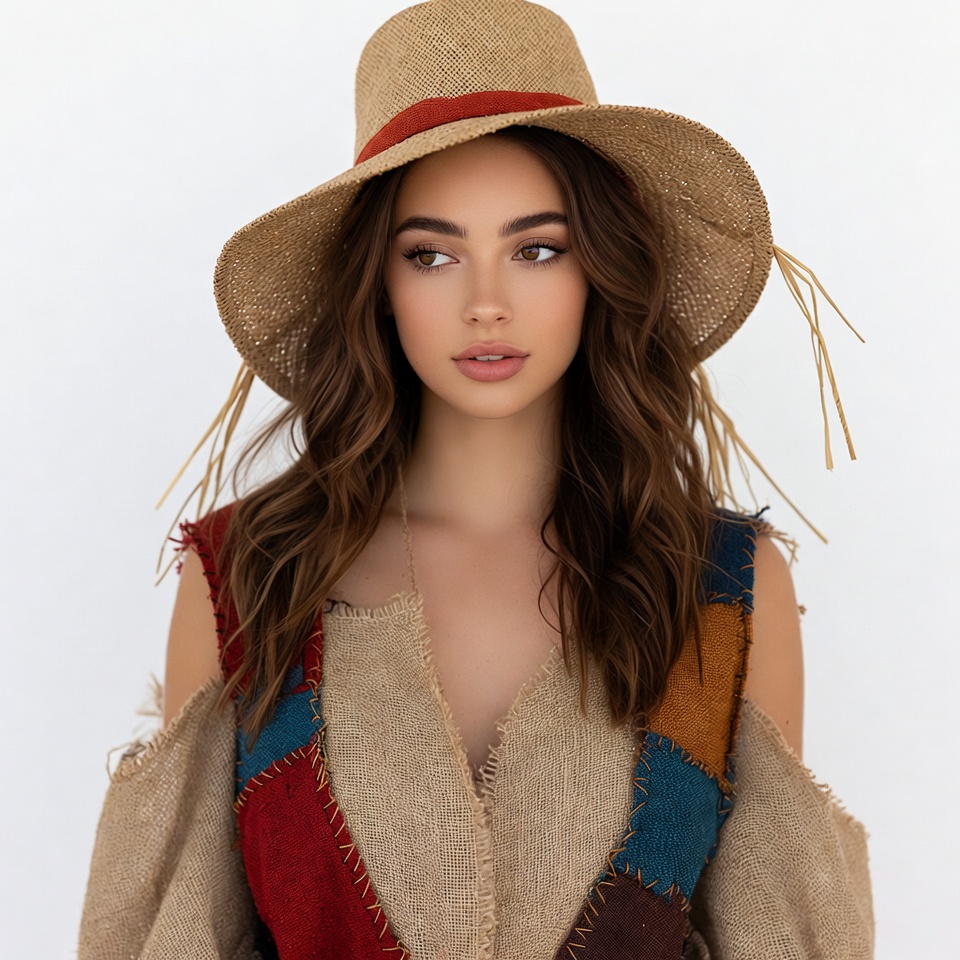 Woman wearing straw hat and patchwork top Woman wearing straw hat and patchwork top