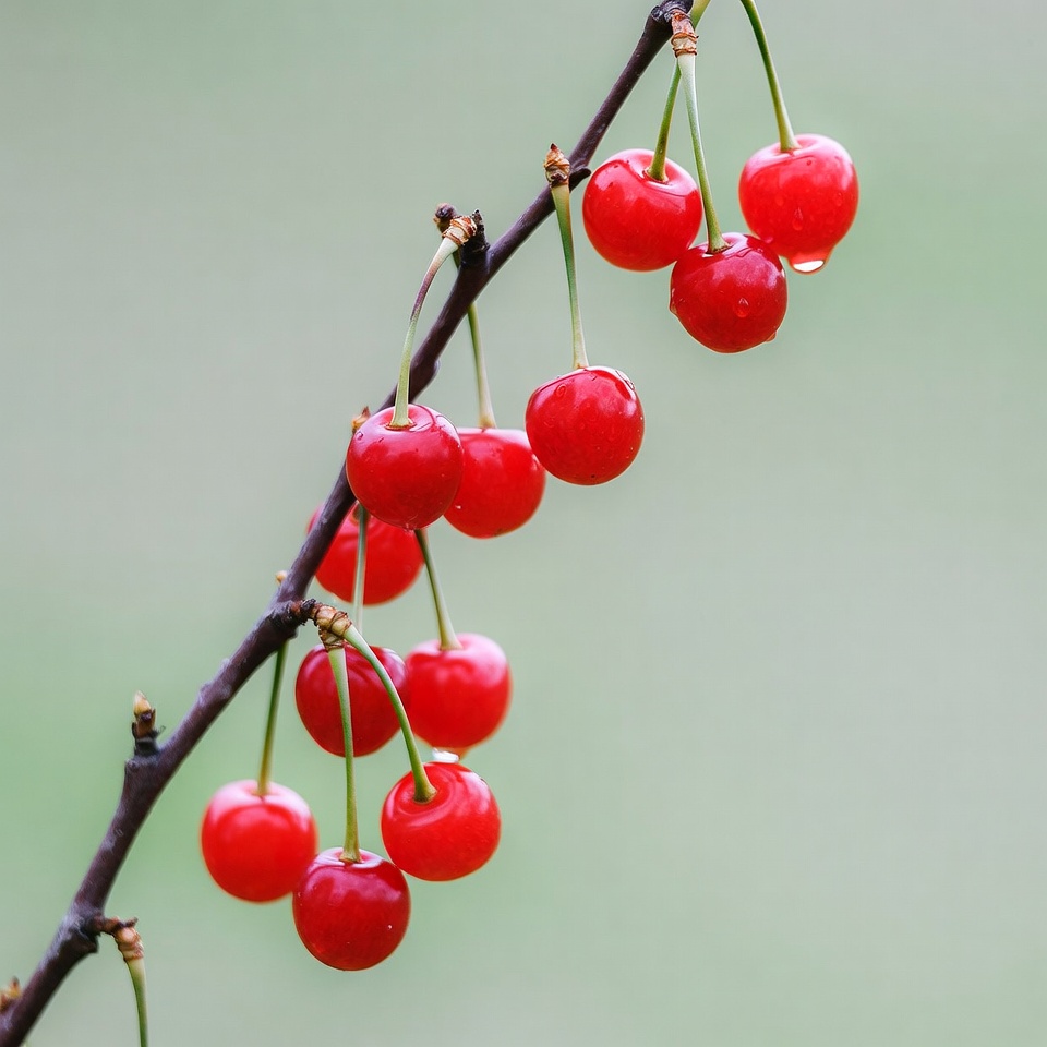 Red cherries on branch with water droplets Red cherries on branch with water droplets