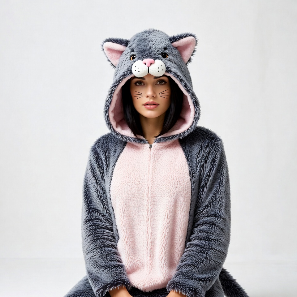 Woman in gray cat onesie hoodie Woman in gray cat onesie hoodie