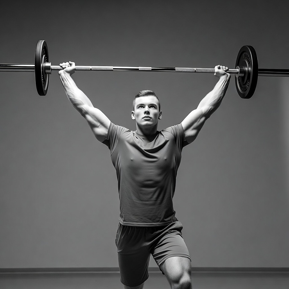 Muscular man overhead barbell lift Muscular man overhead barbell lift
