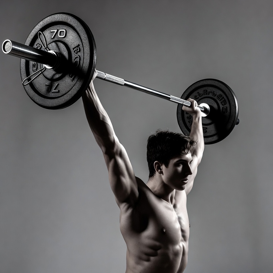 Muscular man overhead barbell lift Muscular man overhead barbell lift