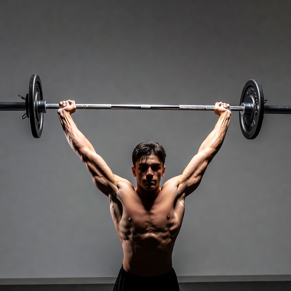 Muscular man overhead barbell lift Muscular man overhead barbell lift