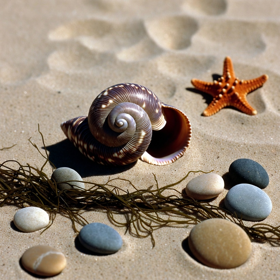 Seashell and Starfish on Beach Sand Seashell and Starfish on Beach Sand