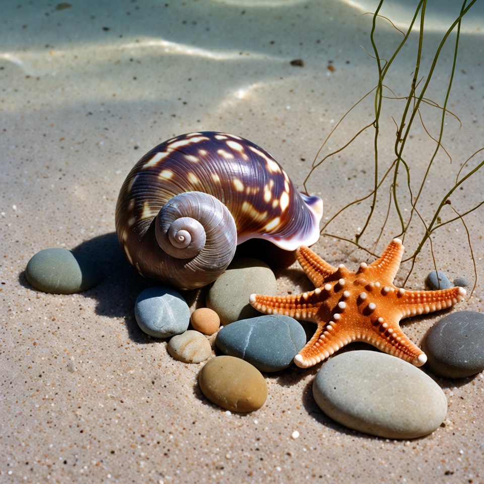 Seashell Starfish Pebbles on Beach Sand Seashell Starfish Pebbles on Beach Sand