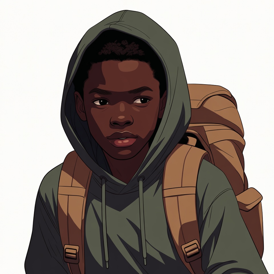 African-American boy in green hoodie backpack African-American boy in green hoodie backpack