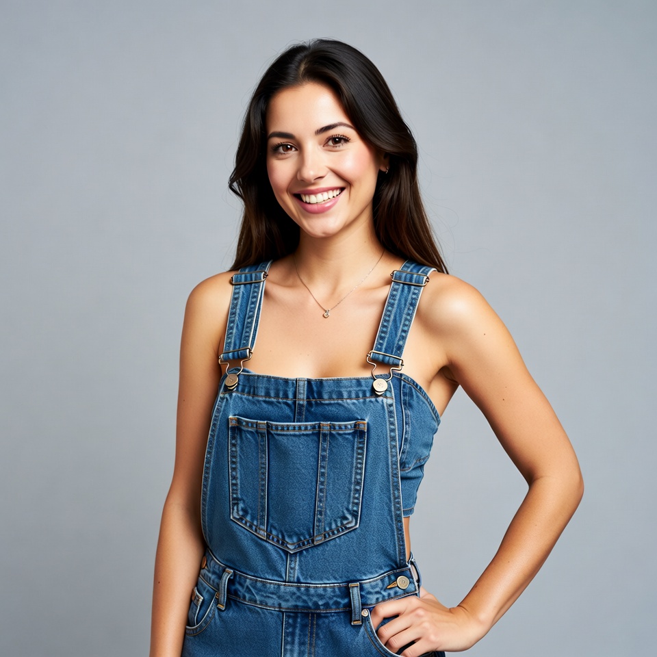Smiling woman in denim overalls Smiling woman in denim overalls