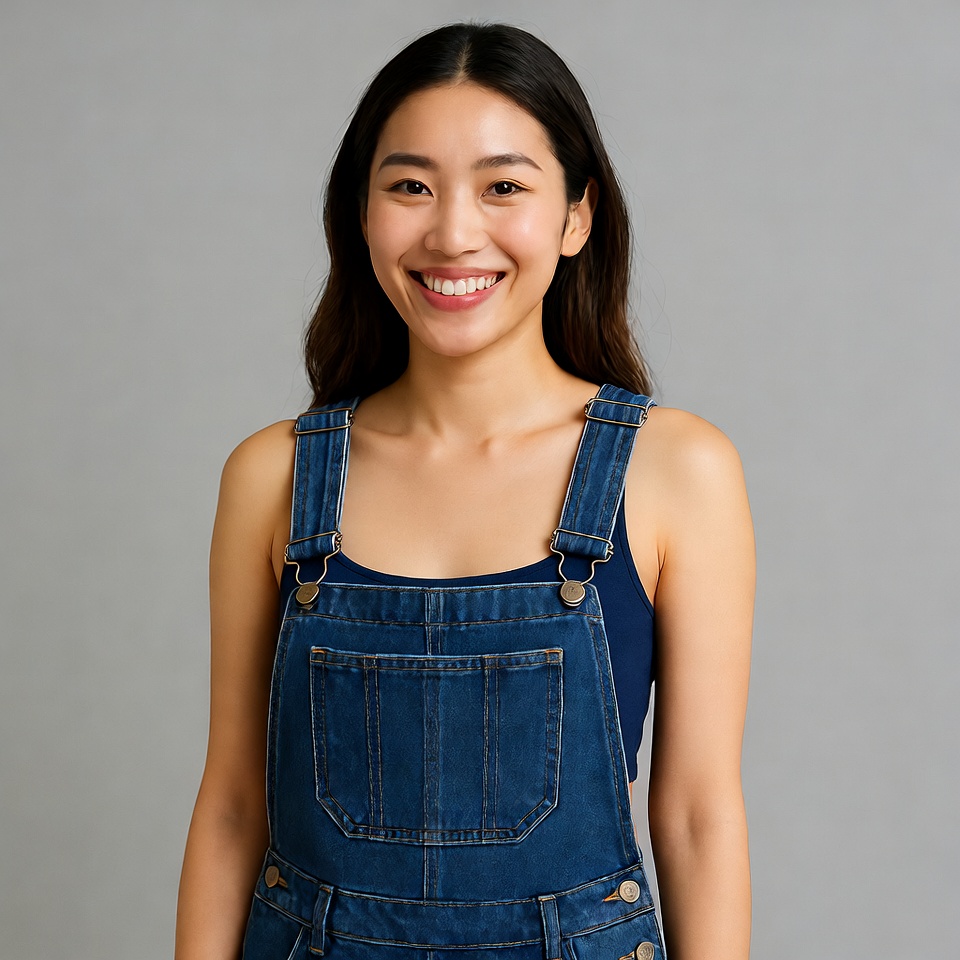 Asian woman smiling in denim overalls Asian woman smiling in denim overalls