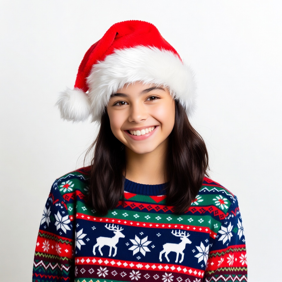 Girl smiling in Santa hat and reindeer sweater Girl smiling in Santa hat and reindeer sweater