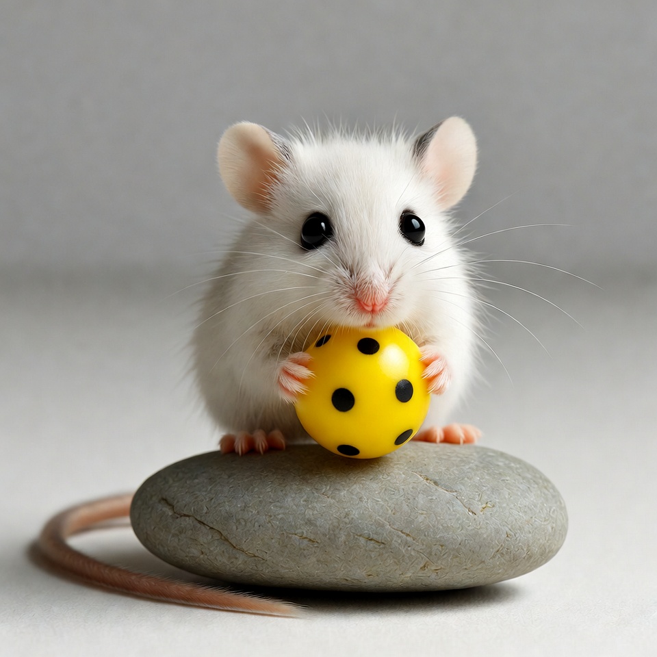White mouse holding yellow polka dot ball White mouse holding yellow polka dot ball