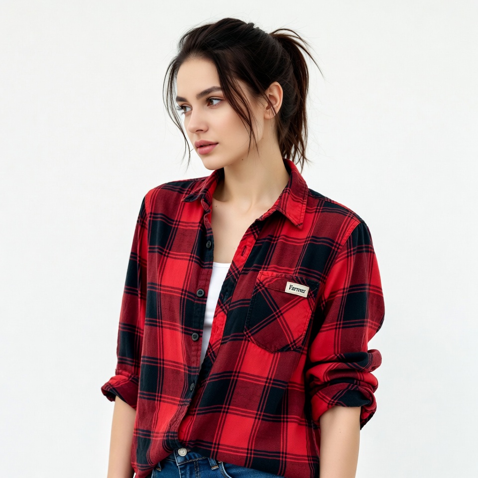 Woman in red plaid shirt Woman in red plaid shirt