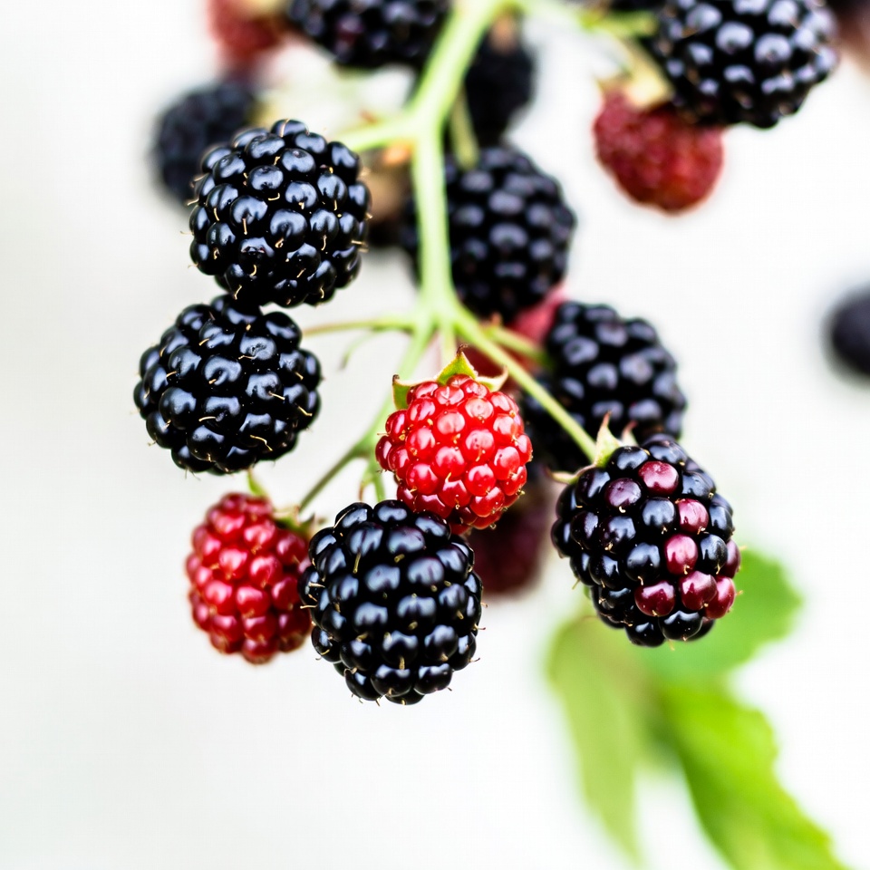 Ripe Blackberries and Red Berries on Stem Ripe Blackberries and Red Berries on Stem