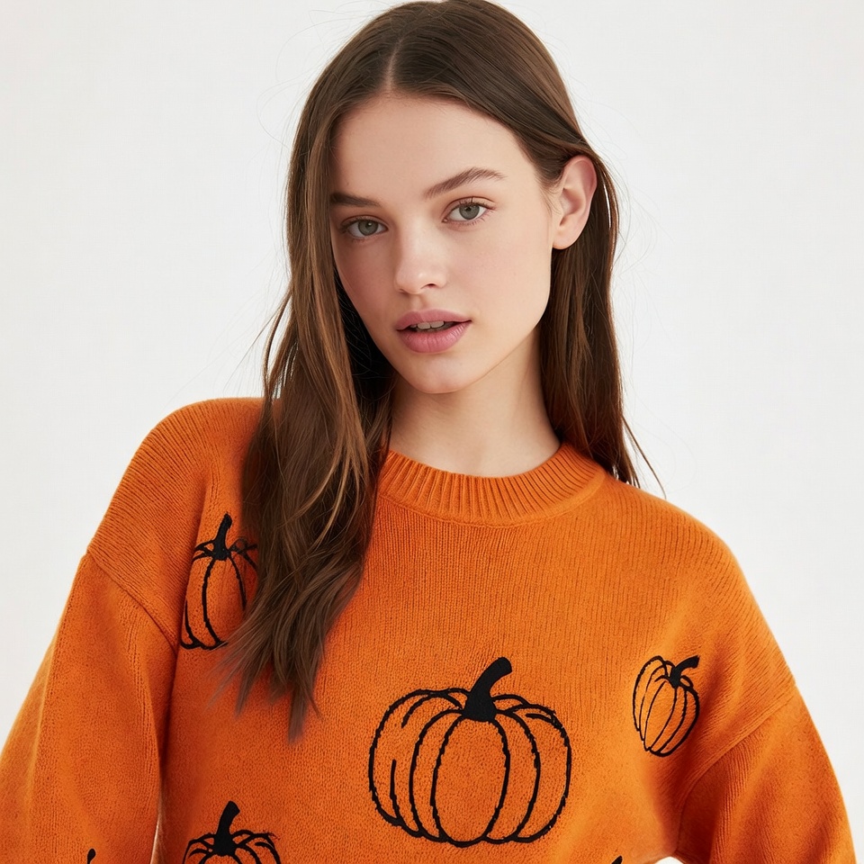 Woman in orange pumpkin sweater Woman in orange pumpkin sweater