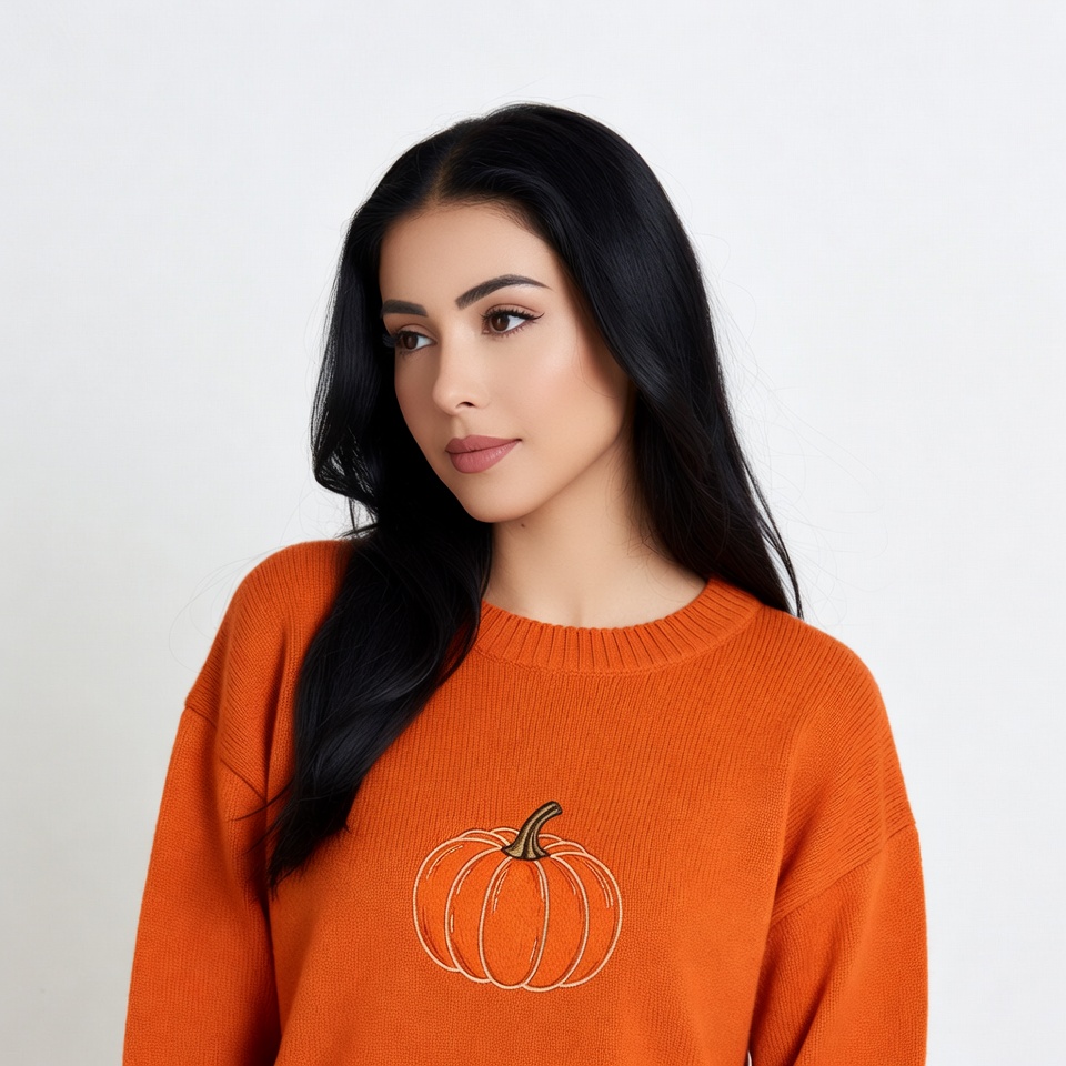 Woman in orange pumpkin sweater Woman in orange pumpkin sweater