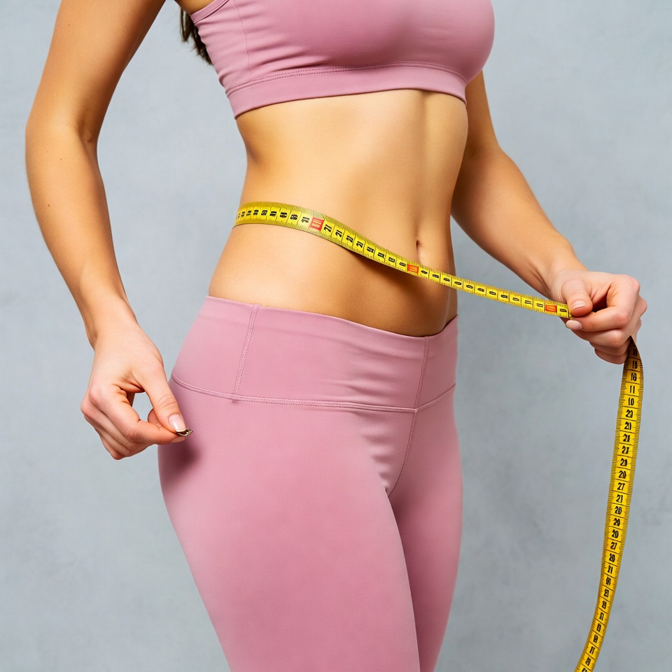 Woman measuring slim waist with tape Woman measuring slim waist with tape