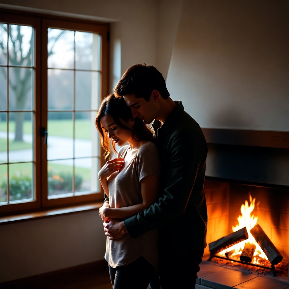 Couple embracing by fireplace window Couple embracing by fireplace window
