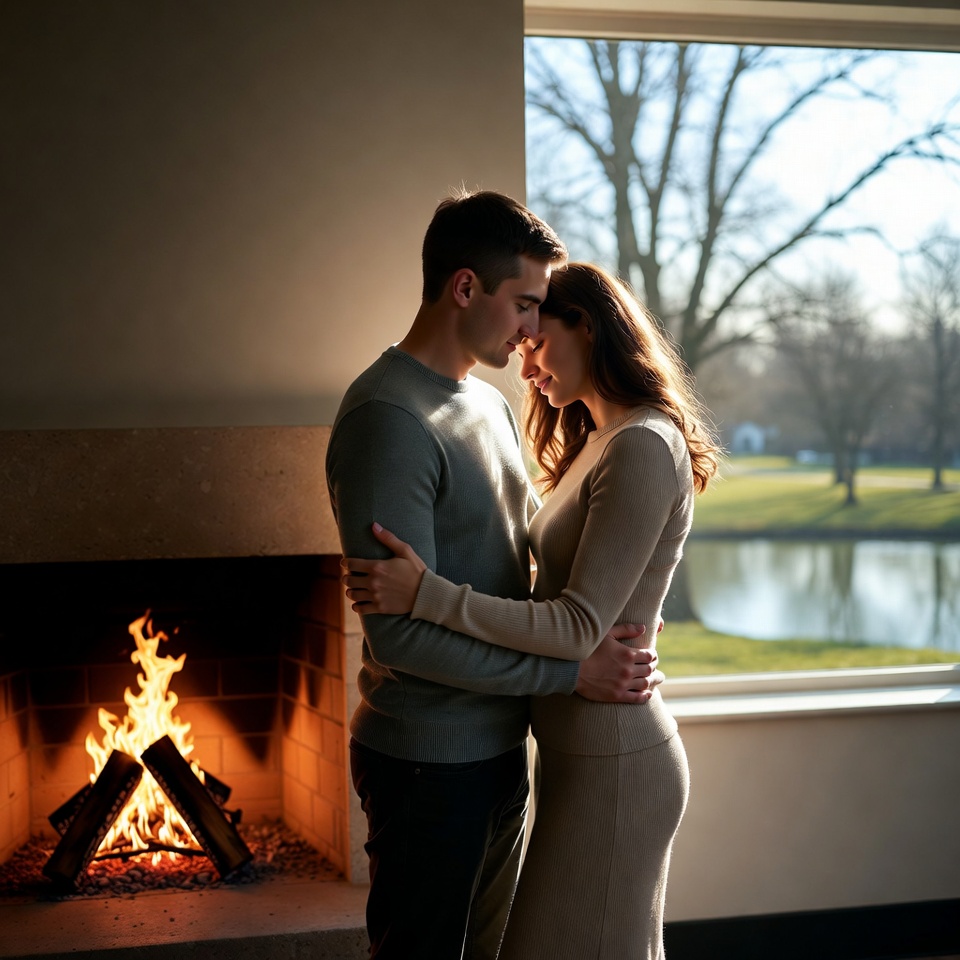 Couple embracing by fireplace window Couple embracing by fireplace window