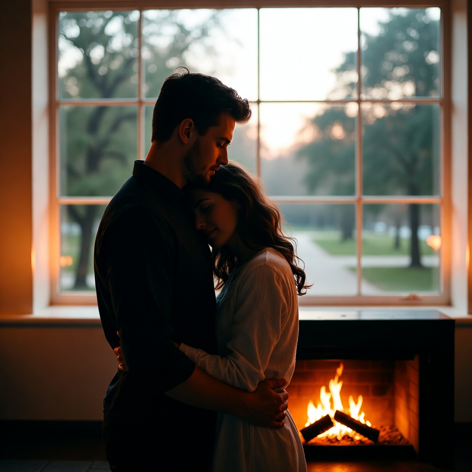Couple embracing by window fireplace Couple embracing by window fireplace