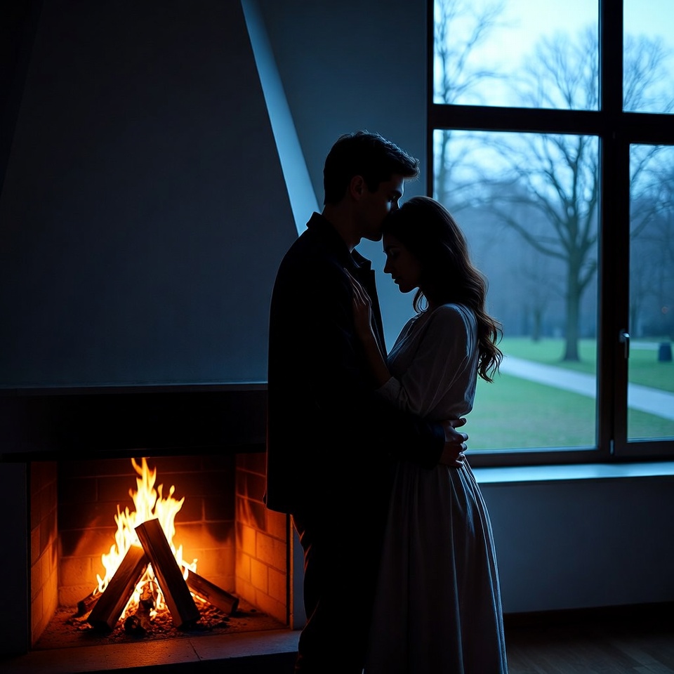 Silhouette couple embracing by fireplace Silhouette couple embracing by fireplace