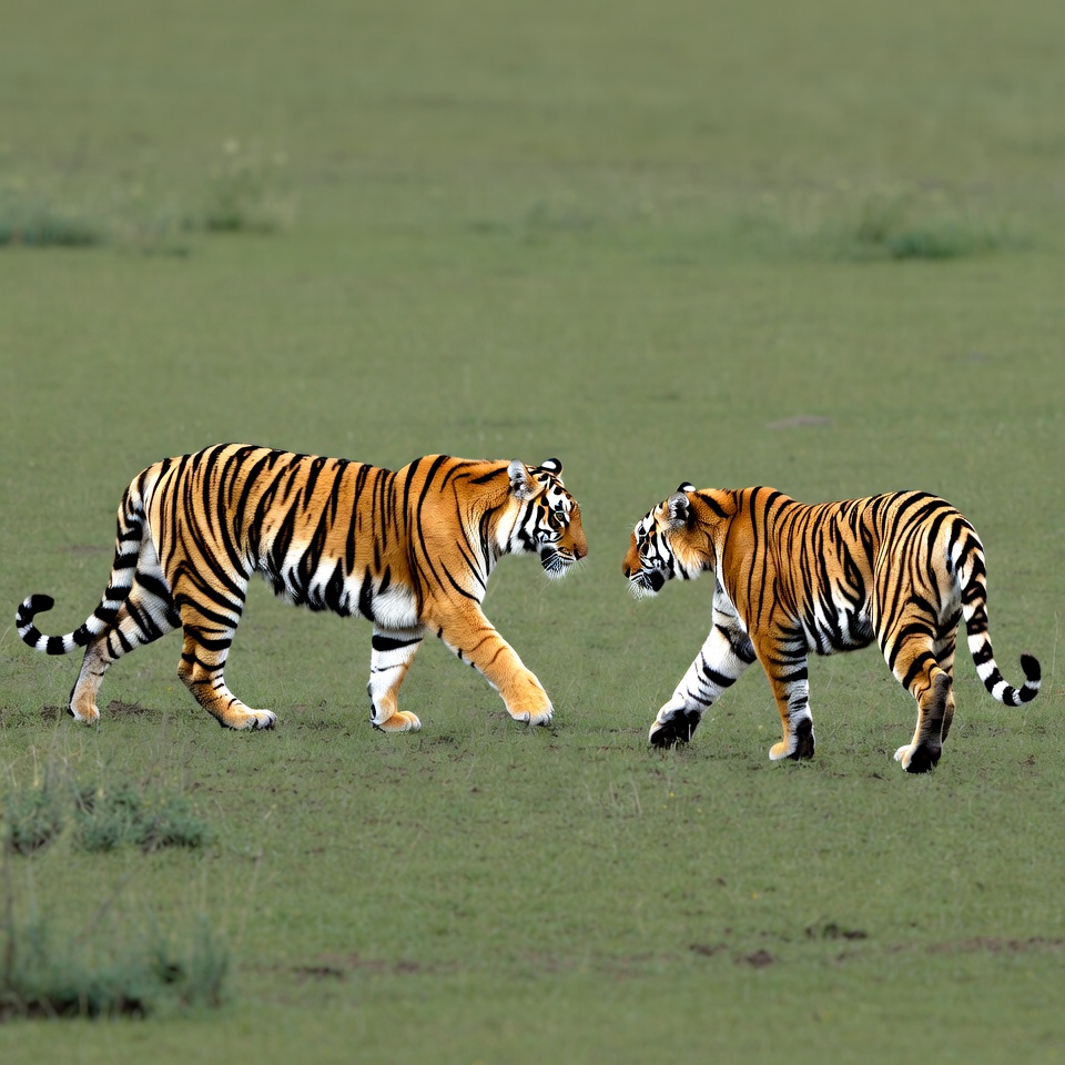 Two Tigers Facing Each Other in Grass Two Tigers Facing Each Other in Grass