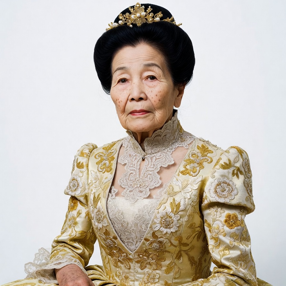 Elderly Asian woman in gold gown Elderly Asian woman in gold gown