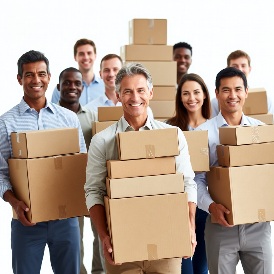Diverse team holding cardboard boxes Diverse team holding cardboard boxes